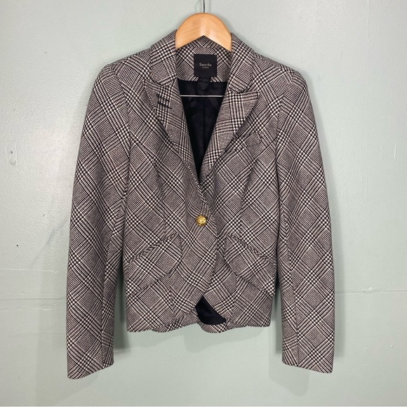 Smythe Black White Plaid Leather Elbow Patch Blazer Jacket Sz 12‎ Wool Blend - Picture 1 of 7